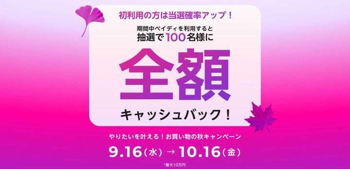今ペイディで決済すると最大10万円キャッシュバック!